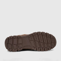 Brown HP Men's Comfort Lace Up Dawie shoe, sole view, featuring a rugged, durable tread pattern on the rubber outsole.