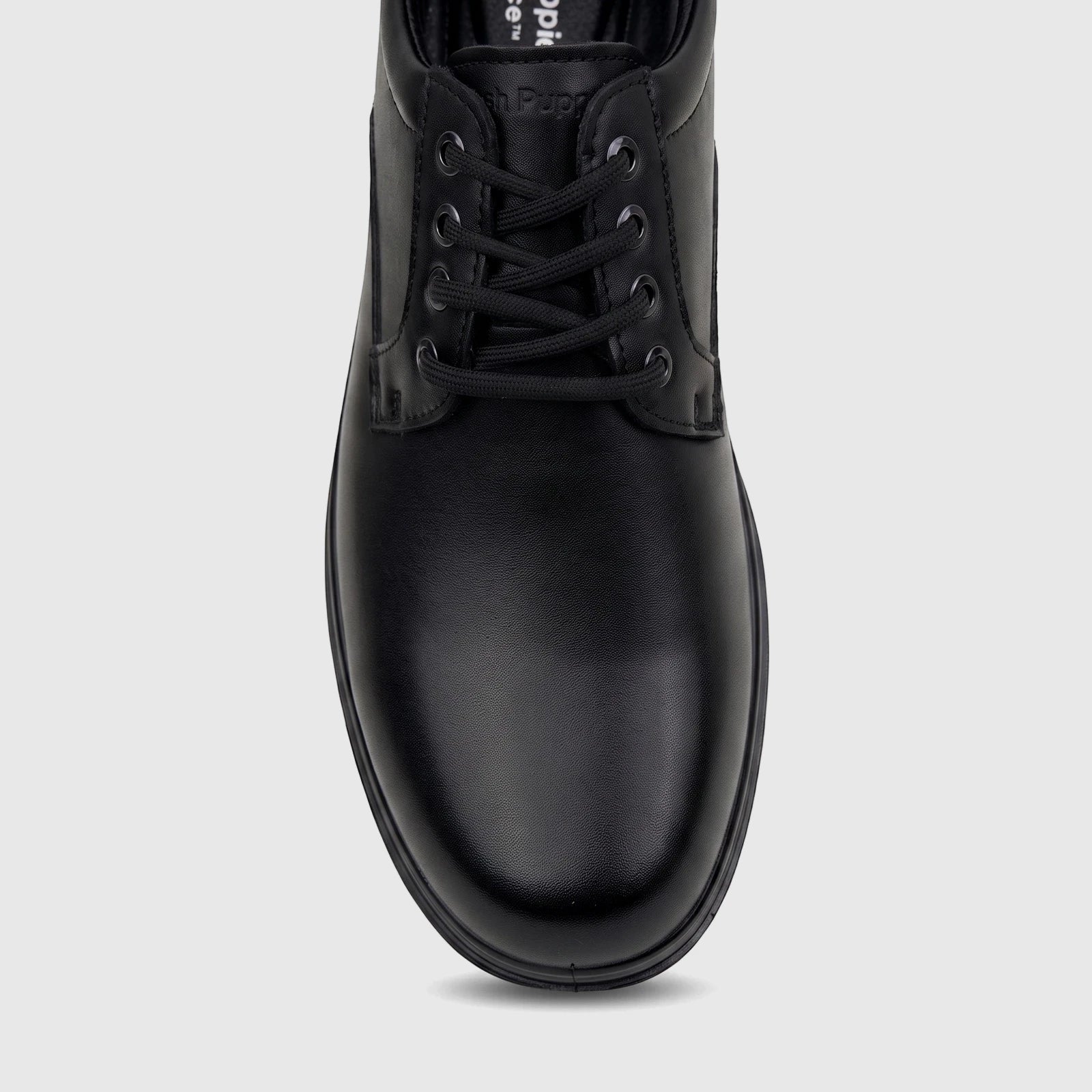 Black leather HP men's Comfort Lace Up Stefan shoe, shown from a top-down view highlighting the laces and toe box.