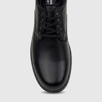 Black leather HP men's Comfort Lace Up Stefan shoe, shown from a top-down view highlighting the laces and toe box.