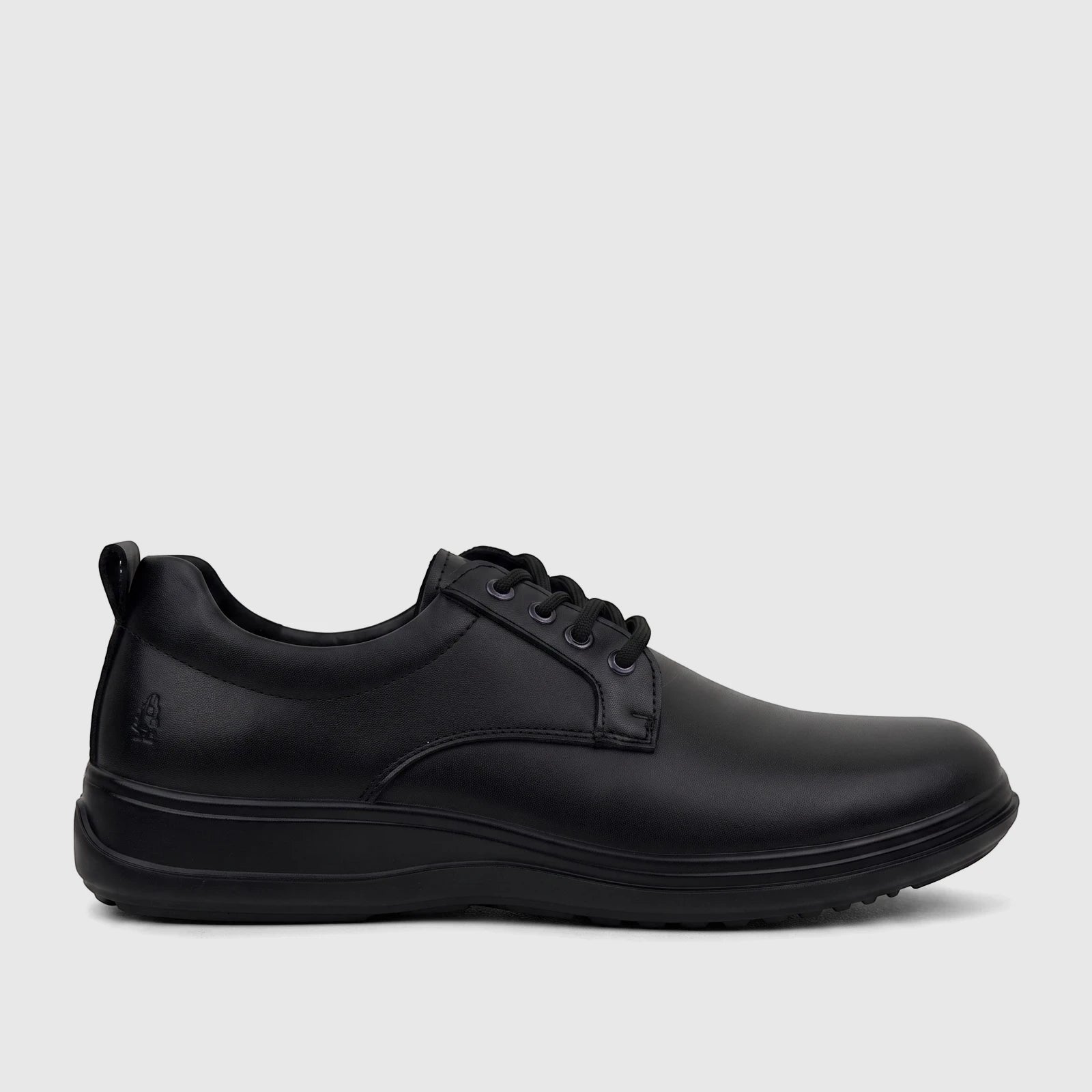 Black leather men's comfort lace-up shoe in a side profile view, featuring a rounded toe and durable sole.