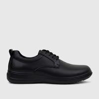 Black leather men's comfort lace-up shoe in a side profile view, featuring a rounded toe and durable sole.