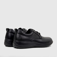 A pair of black HP Men's Comfort Lace Up Stefan shoes, made of leather-like material, shown from a rear-side angle.
