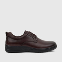 Dark brown men's comfort lace-up shoe with a black sole, made of rich leather and featuring classic lacing.