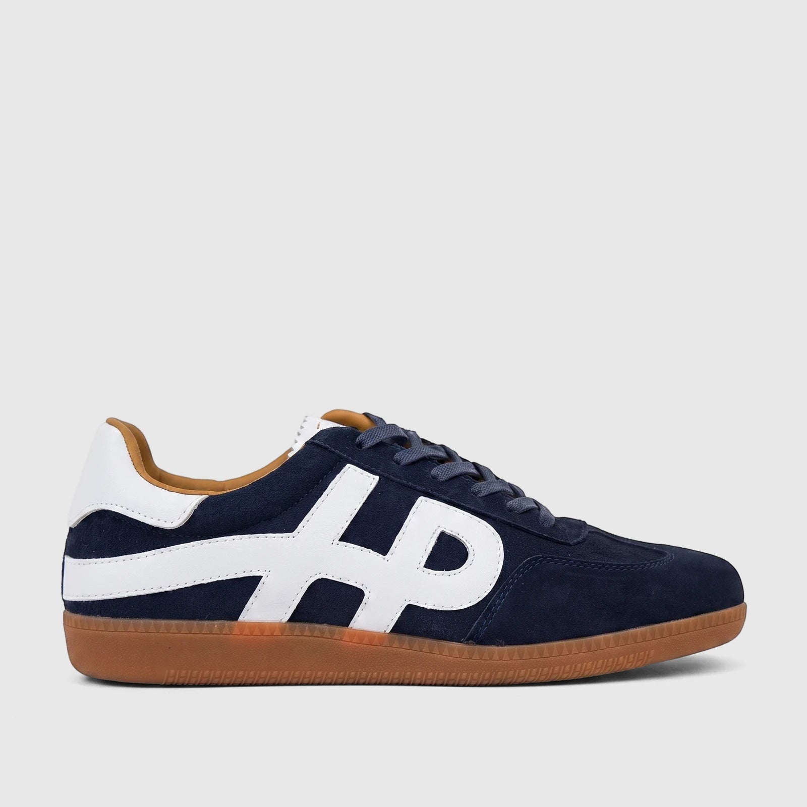 HP Men's Comfort Leather Sneaker Freddy HPM01047 in navy blue with white logo and gum sole, side view.