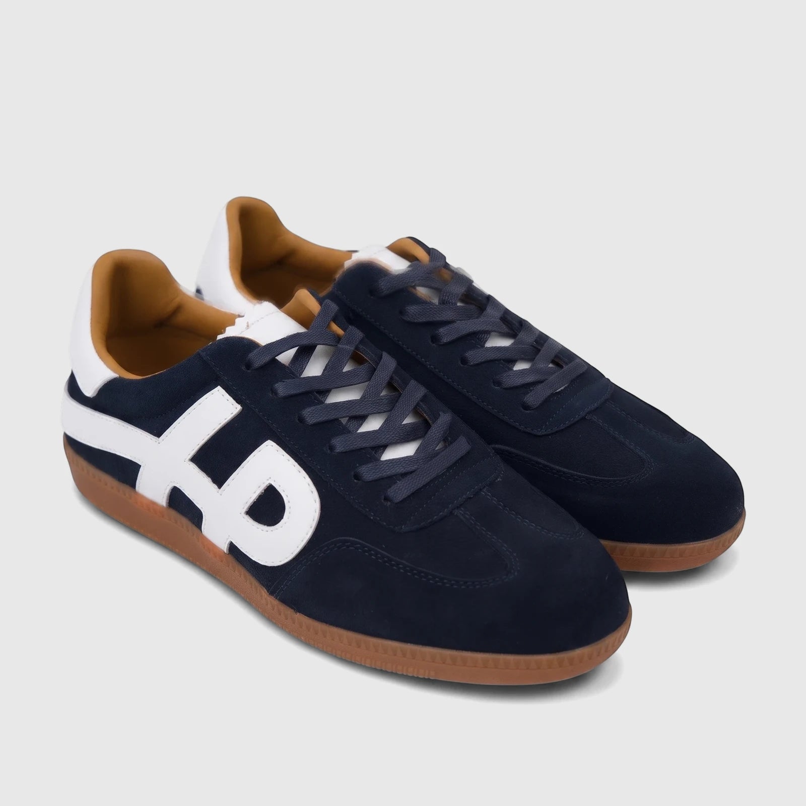 HP Men's Comfort Leather Sneaker Freddy HPM01047 in navy blue suede with white logo and gum sole, product shot.