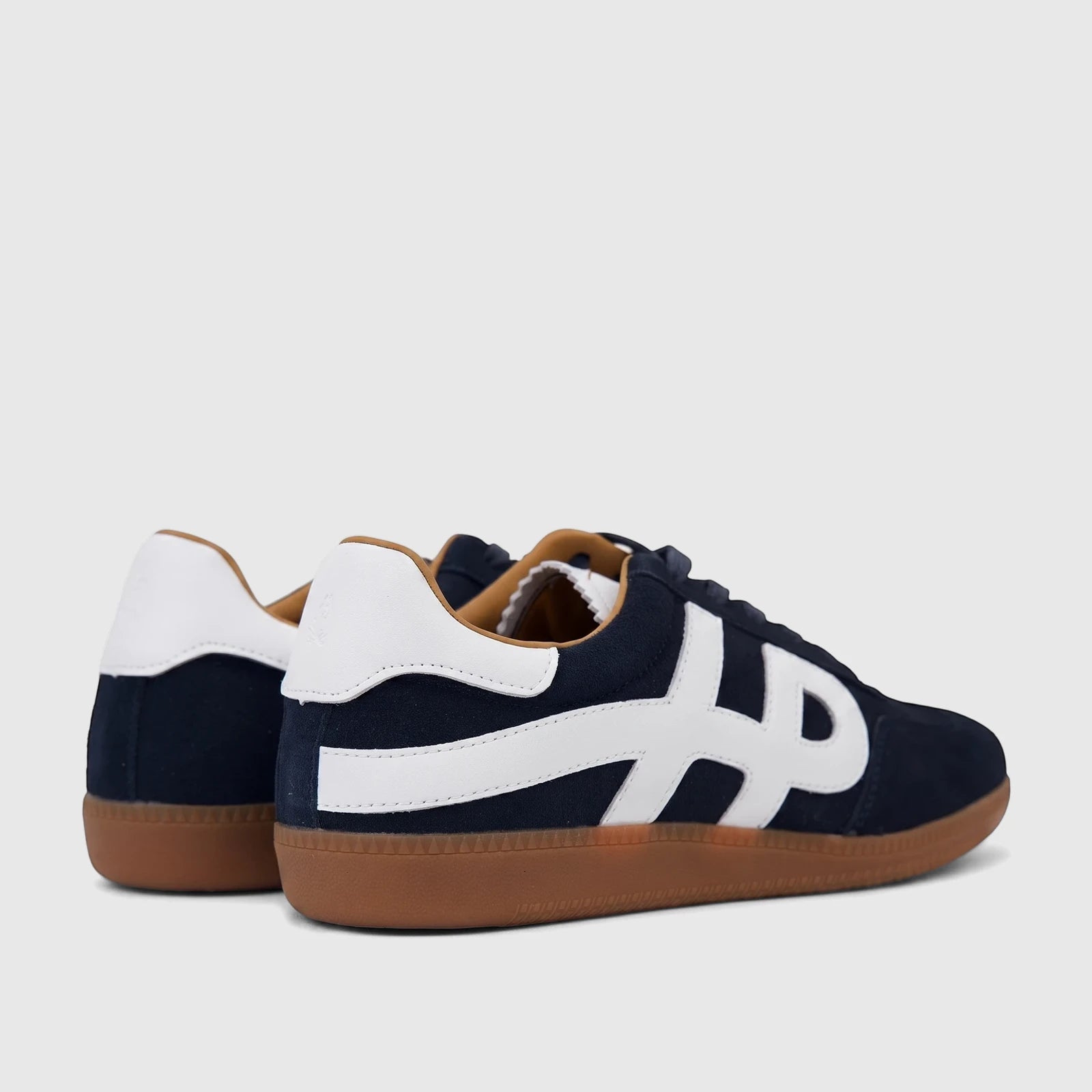 HP Men's Comfort Leather Sneaker Freddy in navy suede with white leather accents and brown gum soles, viewed from the