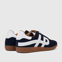 HP Men's Comfort Leather Sneaker Freddy in navy suede with white leather accents and brown gum soles, viewed from the