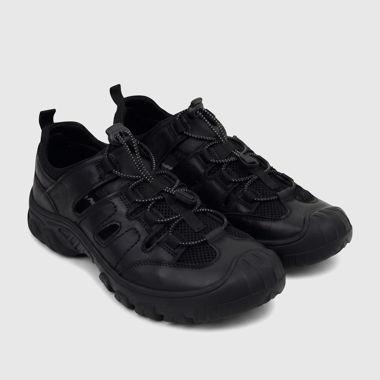 Pair of black HP Men's Comfort Sandal Elio shoes (HPM01054 HP326) with mesh and leather-like upper, speed lacing, and a