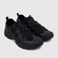 Pair of black HP Men's Comfort Sandal Elio shoes (HPM01054 HP326) with mesh and leather-like upper, speed lacing, and a
