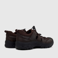 Brown HP Men's Comfort Sandal Elio with a robust black sole and bungee lacing system, viewed from the rear-side.