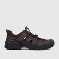Men's HP Elio comfort sandals in brown, featuring a durable black sole and elastic drawstring lacing, shown in a side view.