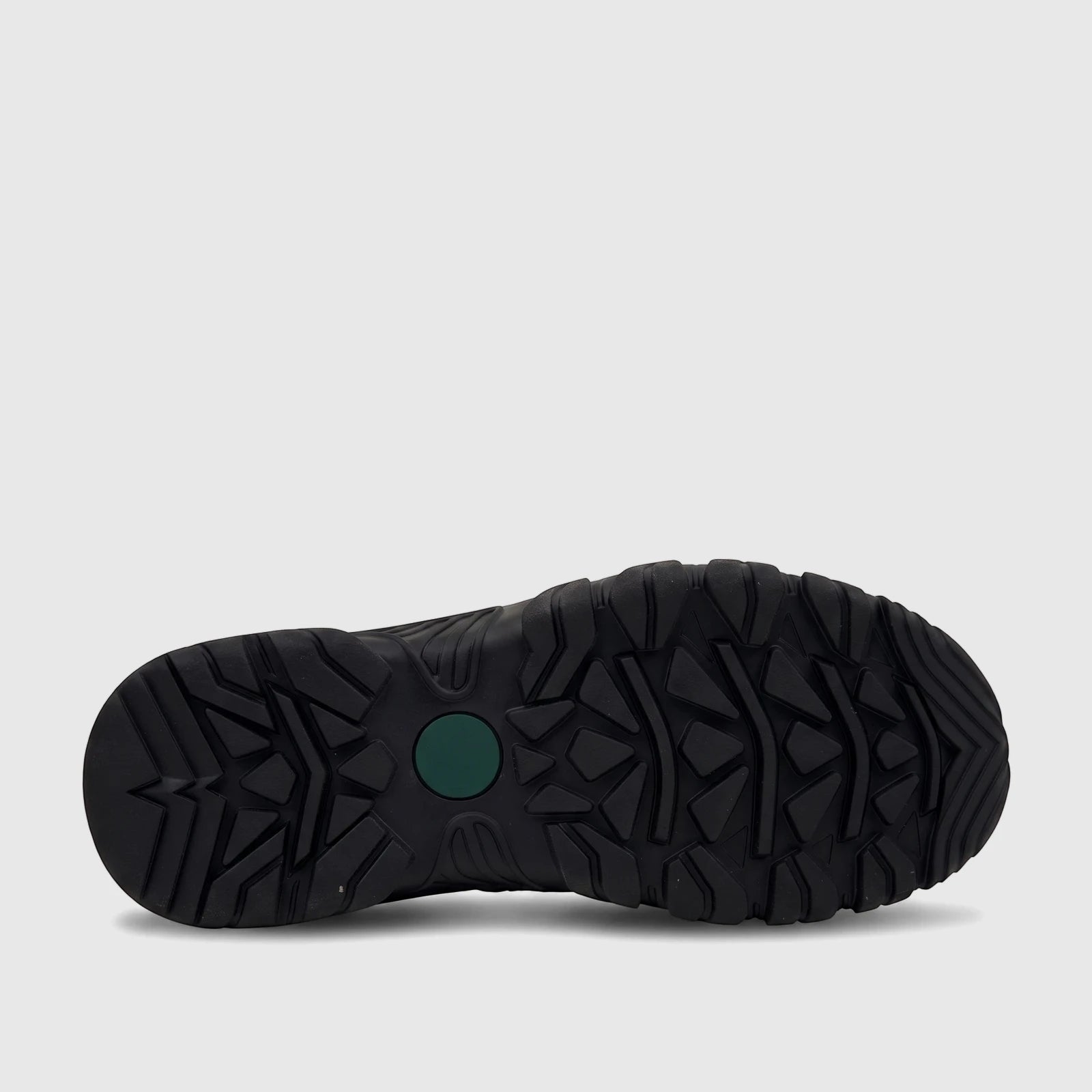 Black HP Men's Comfort Sandal Elio HPM01054, shown from the bottom displaying its rugged tread and green logo detail.
