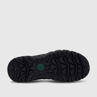 Black HP Men's Comfort Sandal Elio HPM01054, shown from the bottom displaying its rugged tread and green logo detail.