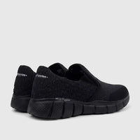 Rear quarter view of a pair of black HP Men's Comfort Slip On Sneakers, showcasing their knit texture and cushioned soles.