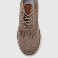 Top-down view of a single HP Men's Comfort Sneaker Styling HPM01029 in beige flyknit, featuring laces and a white sole.
