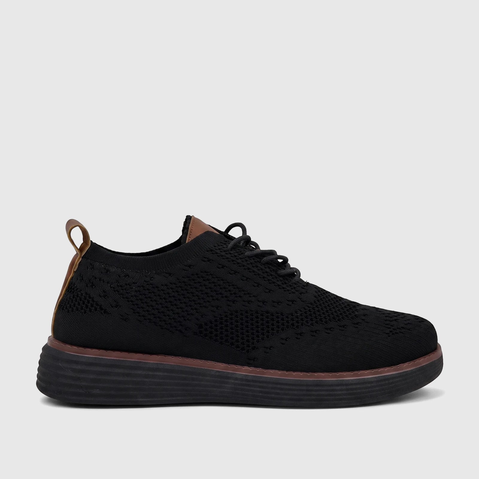 HP Men's Comfort Sneaker Styling HPM01029 Black Flyknit HP317, shown from the side with a black knit upper and brown accents.