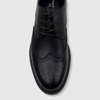 Black leather men's dress lace-up brogue shoe, Alaric HPM01025, with perforated details, visible from a top-down perspective.