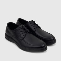 A pair of black leather HP Men's Dress Lace Up Patrick shoes with intricate stitching detail, seen from a high-angle view.