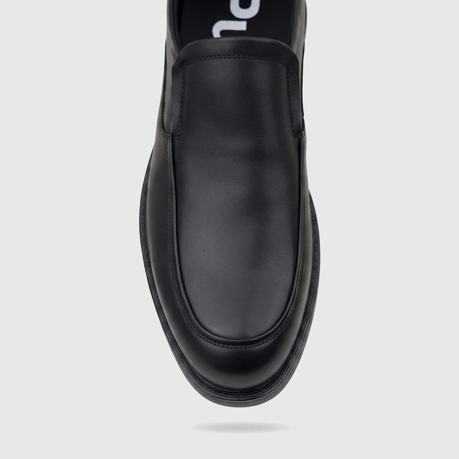 Black leather men's dress slip-on shoe from HP, Julian HPM01022 model, shown in an overhead view.