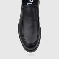 Black leather men's dress slip-on shoe from HP, Julian HPM01022 model, shown in an overhead view.