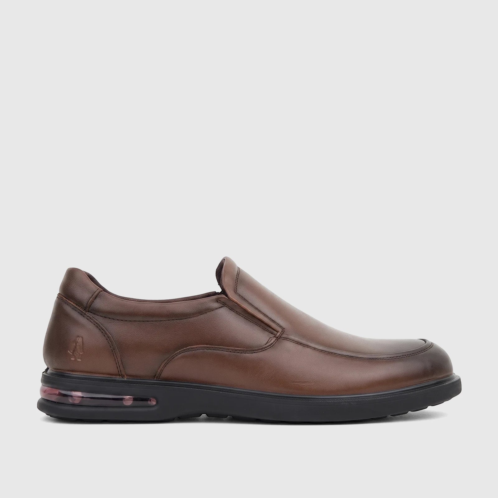 Men's HP Julian HPM01022 brown leather slip-on dress shoe with a black sole and visible air cushion detail, shown in a side