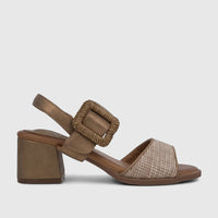 Bronze HP Soft Style block heel sandal with a woven toe strap and buckle, displayed in a side view.