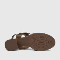 Bronze HP Soft Style ladies' comfort block heel sandal, displaying a textured sole with size 38, viewed from the bottom.