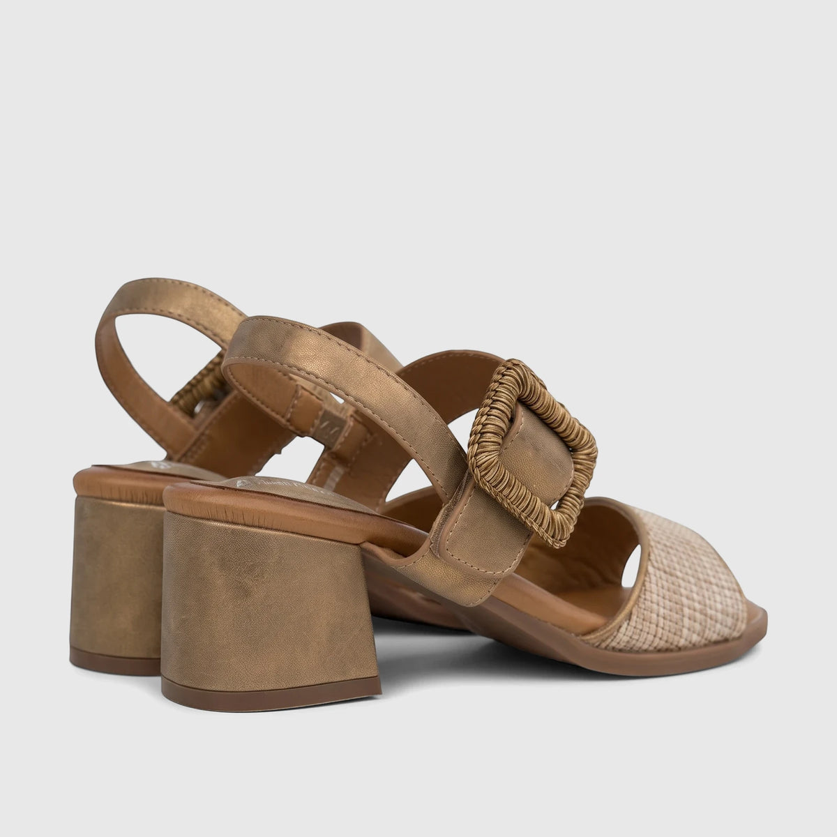 Pair of HP Soft Style Ladies Comfort Block Heel Sandals Hetty Bronze with woven buckle and textured front strap, viewed from