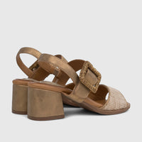Pair of HP Soft Style Ladies Comfort Block Heel Sandals Hetty Bronze with woven buckle and textured front strap, viewed from