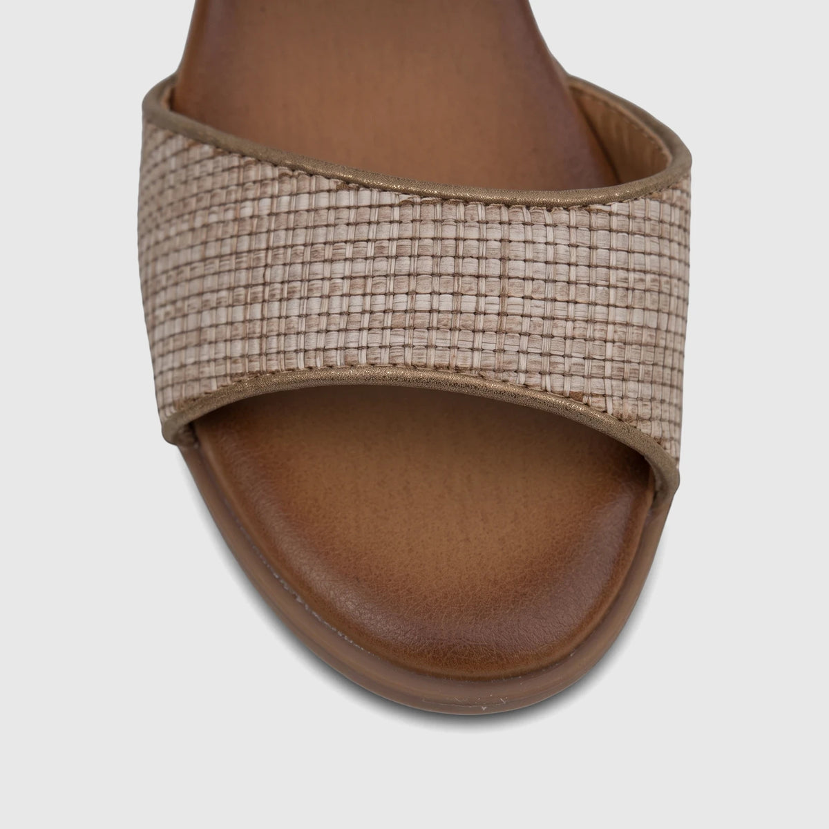 HP Soft Style Ladies Comfort Block Heel Sandal with a bronze woven-look front strap and tan cushioned sole.