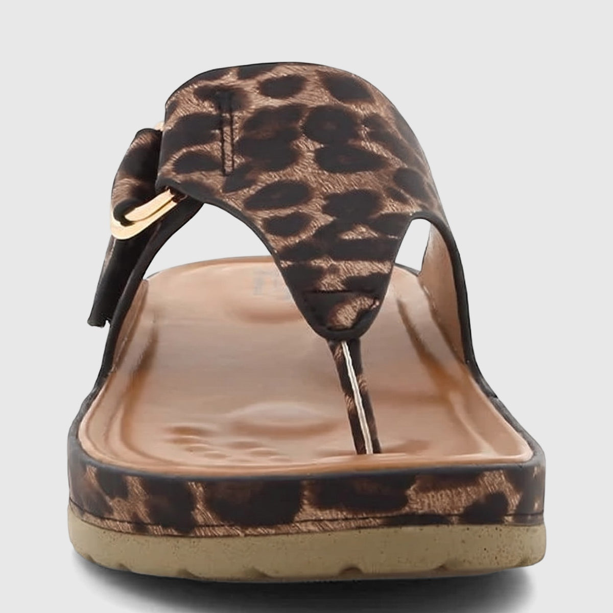 HP Soft Style Ladies Comfort Sandal Tanya SSL01593 featuring a distinctive leopard print upper and a gold-tone buckle detail.