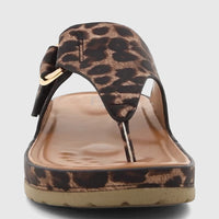 HP Soft Style Ladies Comfort Sandal Tanya SSL01593 featuring a distinctive leopard print upper and a gold-tone buckle detail.