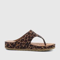 Leopard print thong sandals for women with a comfortable platform sole, viewed from a side angle.