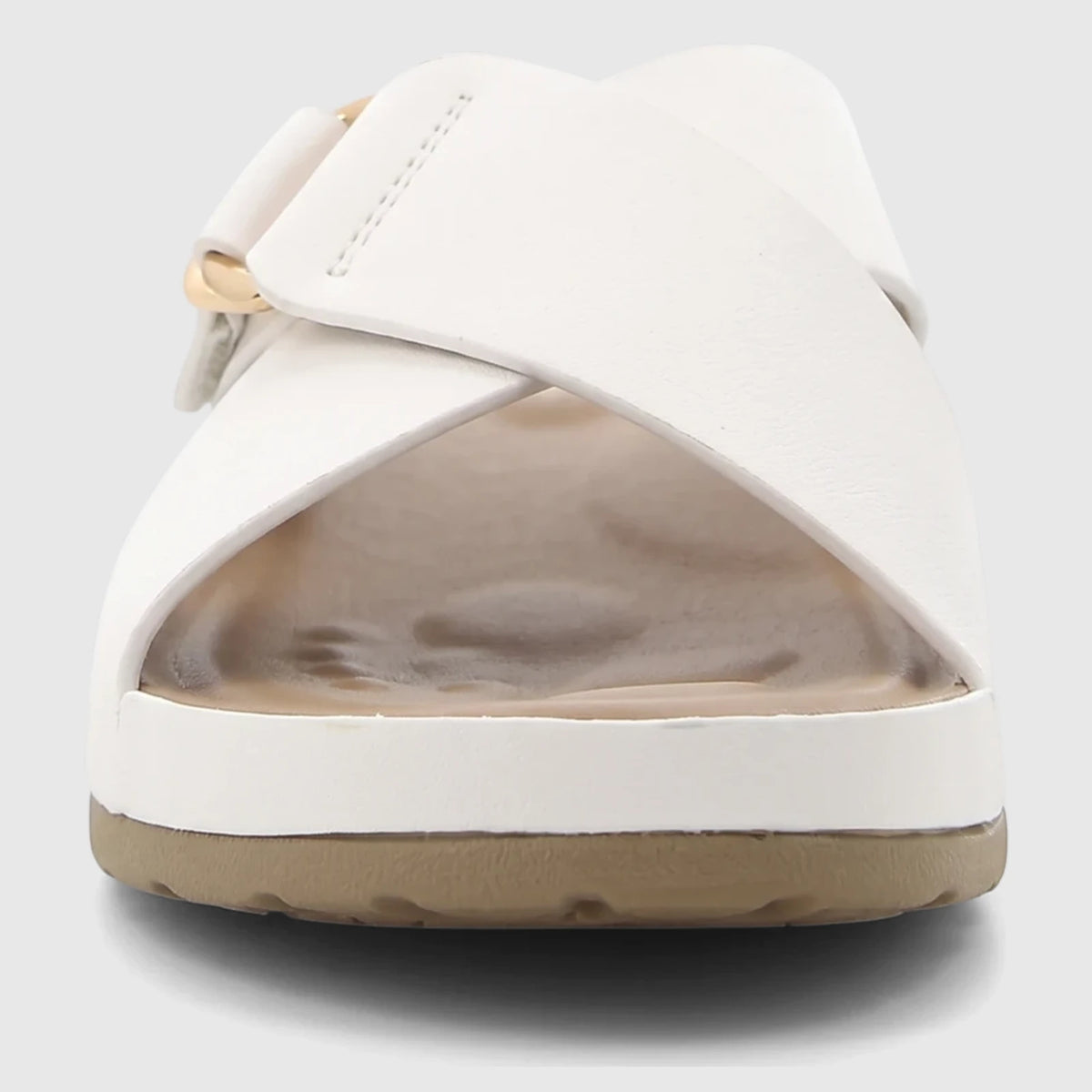 HP Soft Style Tanika white comfort sandals for ladies, featuring wide cross-straps and a visible golden buckle, shown from a