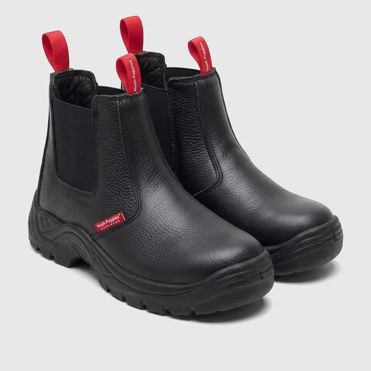 Black HP Unisex Boulder steel toe safety boot with red pull tabs, shown in a side profile view.
