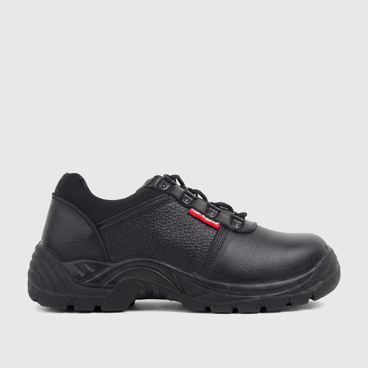 Black HP Unisex safety lace-up shoe with a steel toe, textured upper, and robust sole, shown from a side view.