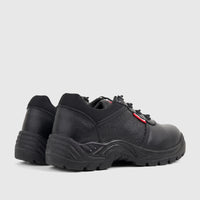 Pair of black HP Unisex lace-up safety shoes with steel toe, textured material, and robust soles, viewed from a rear-side