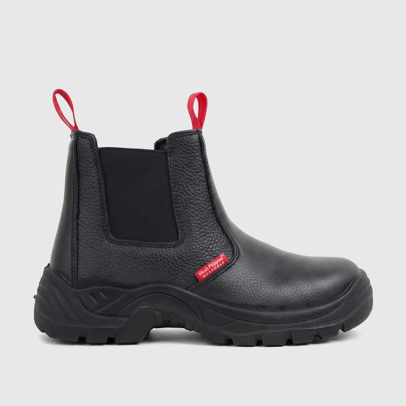 Black HP Unisex Boulder steel toe safety boot with red pull tabs, shown in a side profile view.