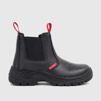 Black HP Unisex Boulder steel toe safety boot with red pull tabs, shown in a side profile view.