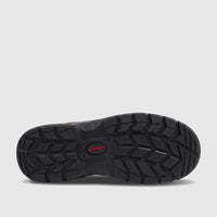 Bottom view of a black HP Unisex safety lace-up billet steel toe shoe, showcasing its durable tread pattern and sole.