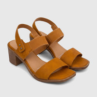 Burnt orange Hush Puppies Soft Style Abrianna block heel sandals for women, with textured faux leather and adjustable ankle