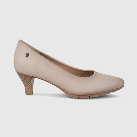 Hush Puppies Soft Style Aradia ladies comfort court shoe in nude, smooth finish, mid heel pump side view.