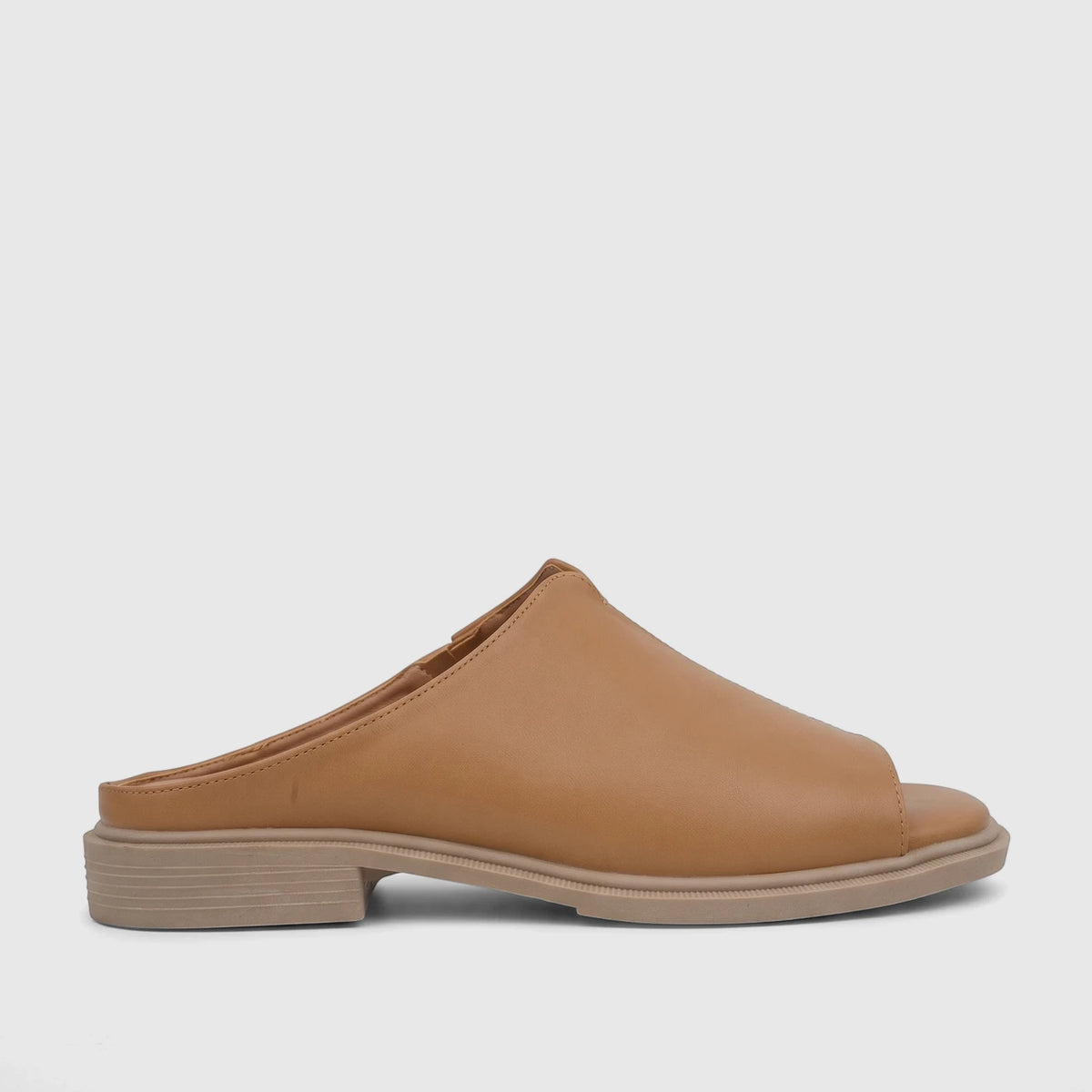 Caramel brown Hush Puppies peep-toe mule sandal with a low block heel, designed for comfort and soft style.