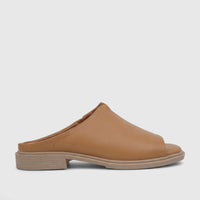 Caramel brown Hush Puppies peep-toe mule sandal with a low block heel, designed for comfort and soft style.