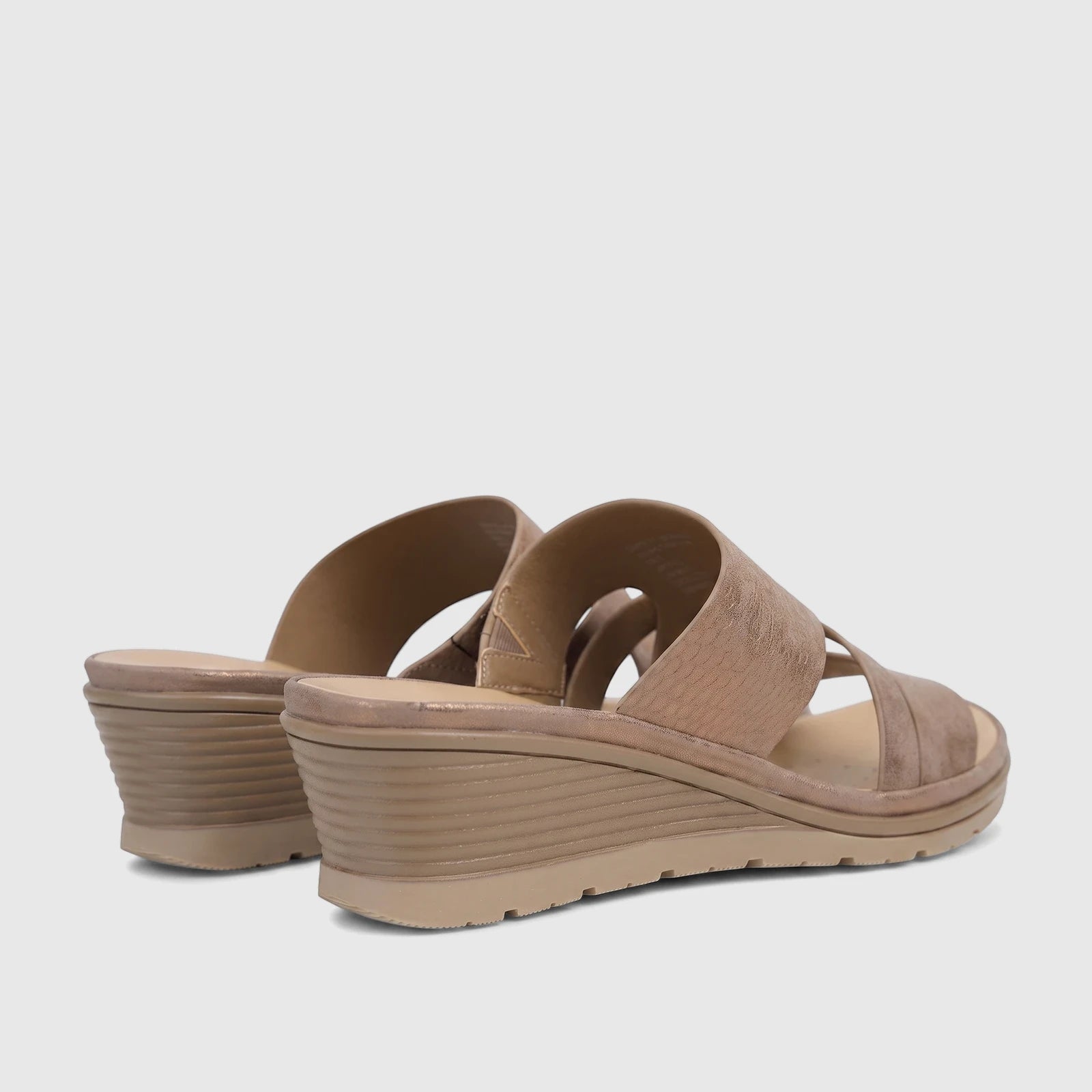 Hush Puppies Soft Style Ladies Comfort Sandal Posha, bronze strappy wedge sandals shown from a rear-quarter view.