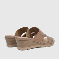 Hush Puppies Soft Style Ladies Comfort Sandal Posha, bronze strappy wedge sandals shown from a rear-quarter view.