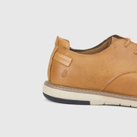 Hush Puppies Dylan HPM00676 men's casual lace up shoe in tan leather, side heel view with contrast sole