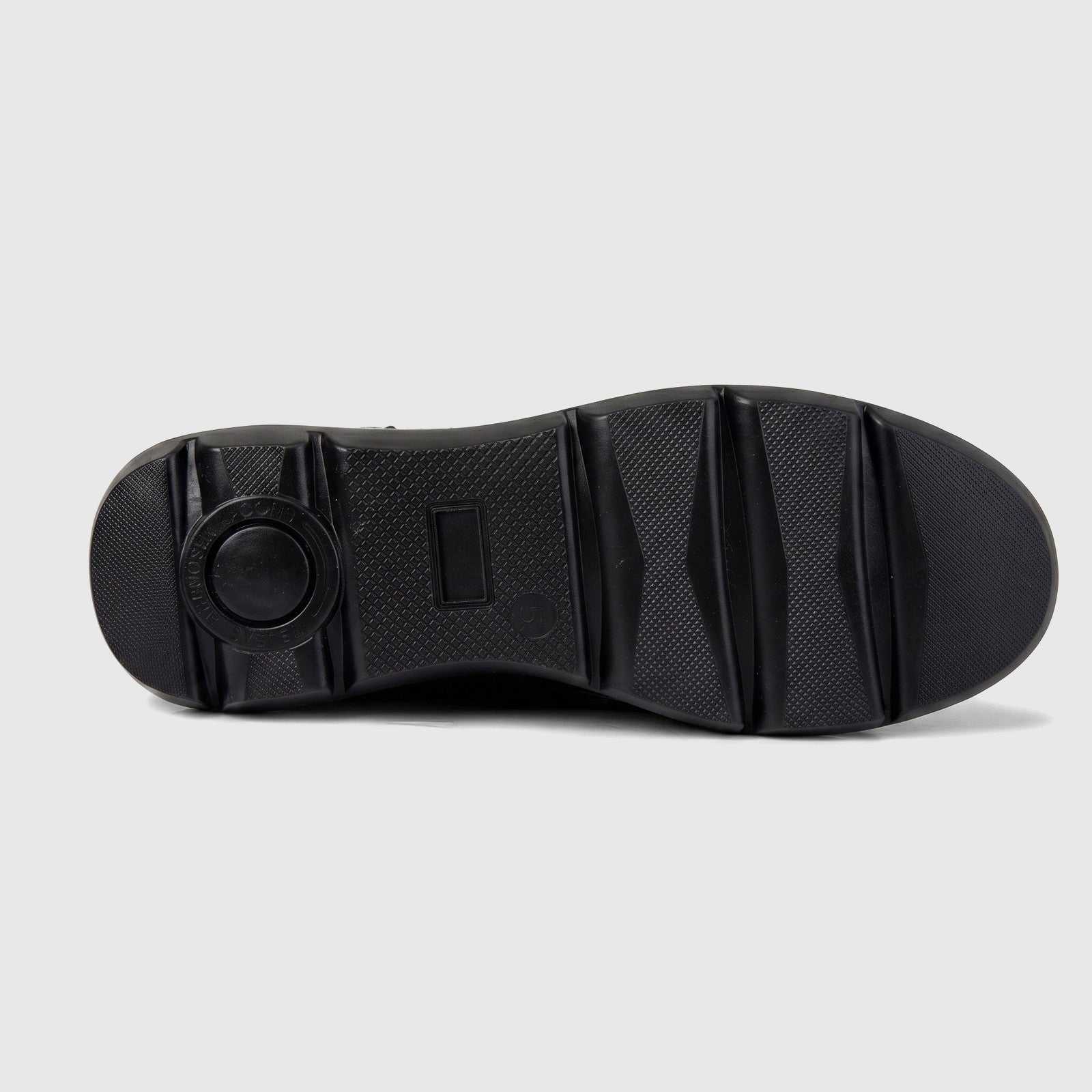 Hush Puppies Soft Style Johari SSL01604 ladies lace up boot in black, bottom view showing textured rubber sole tread.