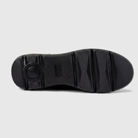 Hush Puppies Soft Style Johari SSL01604 ladies lace up boot in black, bottom view showing textured rubber sole tread.