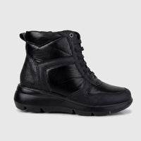 Hush Puppies Soft Style Ladies Lace Up Boot Johari SSL01604 in black, side view with textured panels and chunky sole